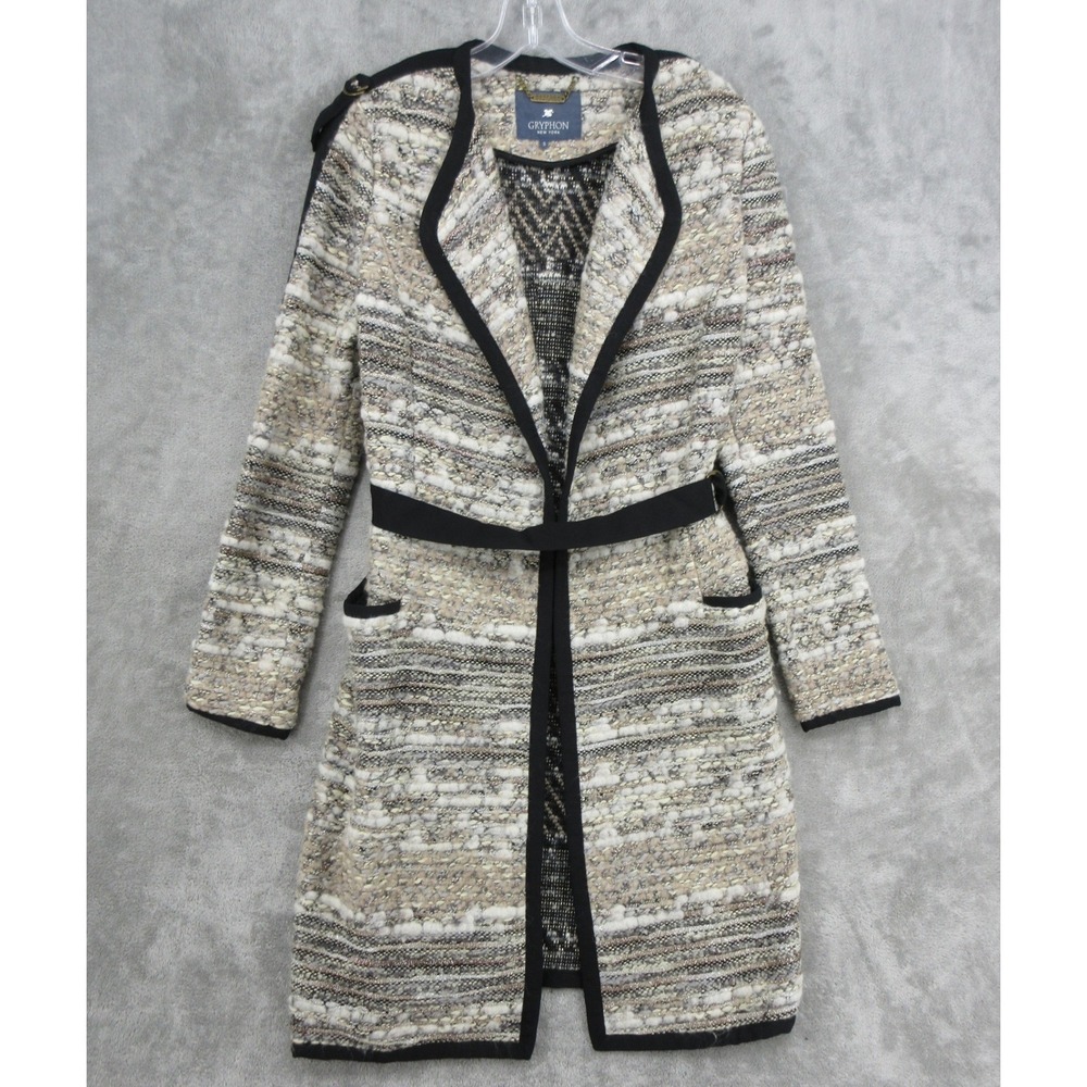 Gryphon Coat Women Size S Elle‎ Tweed Metallic Belted Pockets Career City Grey